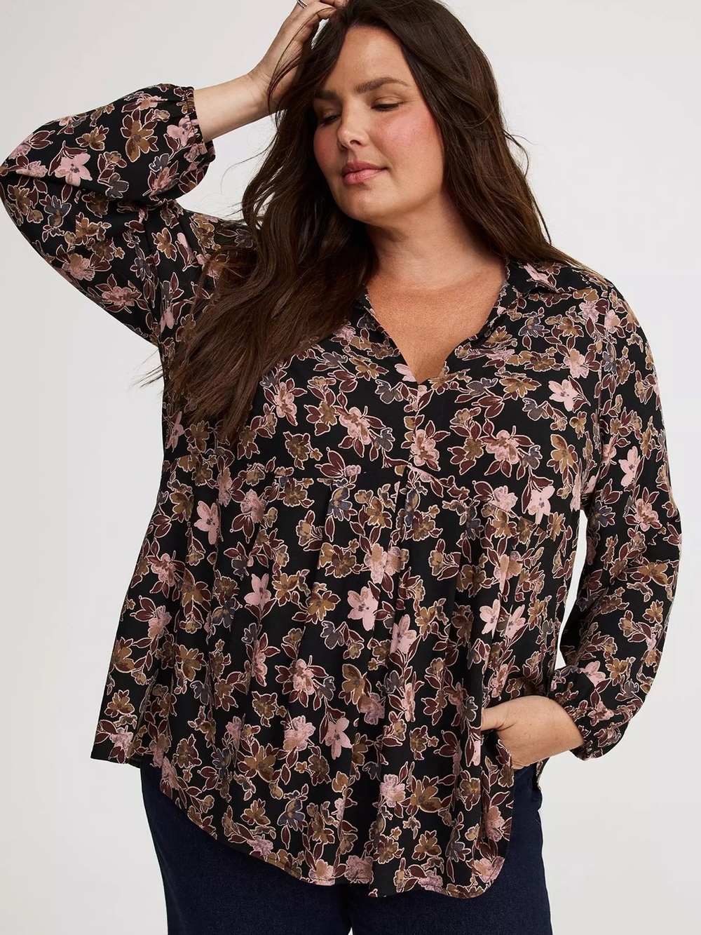 Torrid Black Floral V-Neck Blouse with Pink & Brown Flowers